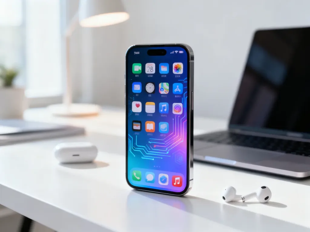 Nowoczesny iPhone 16 na białym biurku w jasnym biurze domowym, ekran z kolorowymi ikonami i interfejsem systemu iOS