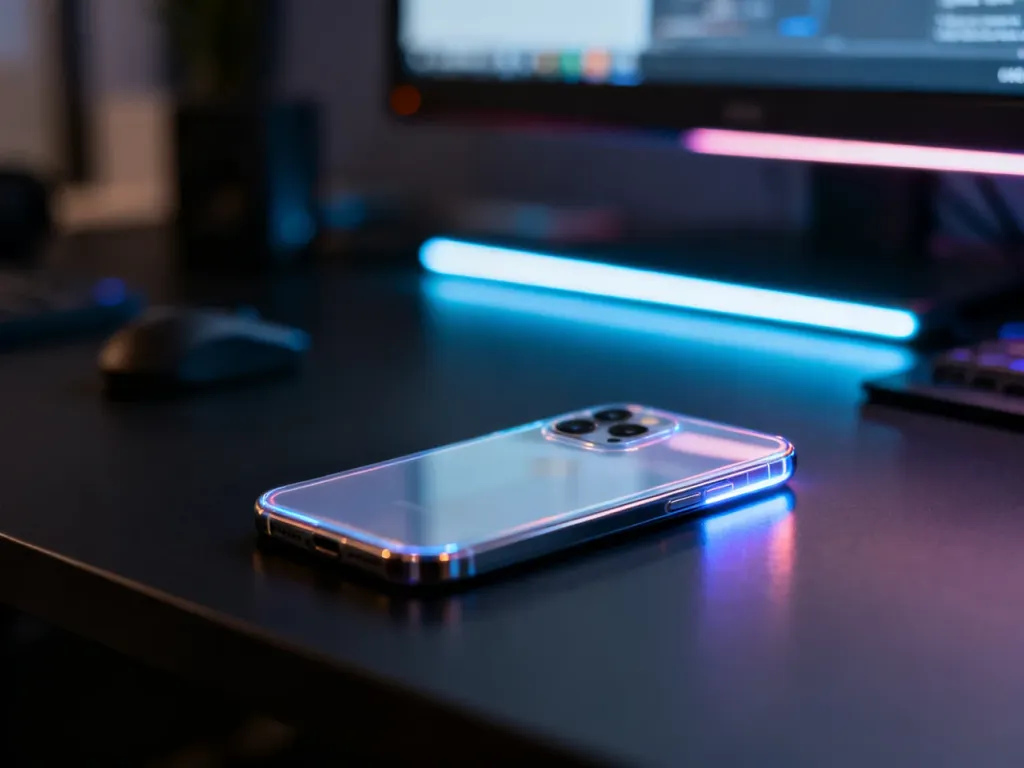 Nothing Phone 2 z półprzezroczystymi pleckami i podświetleniem LED na biurku w futurystycznym, minimalistycznym setupie