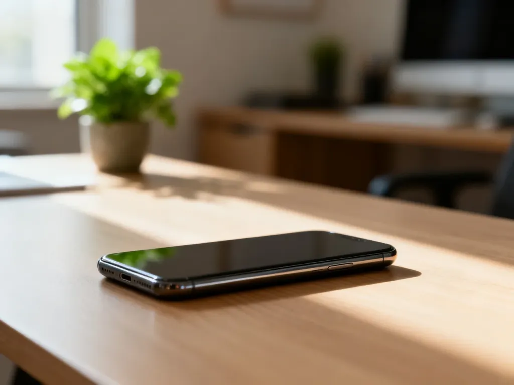 Nowoczesny smartfon OnePlus Nord 3 leżący na minimalistycznym drewnianym biurku w przytulnym domowym biurze.