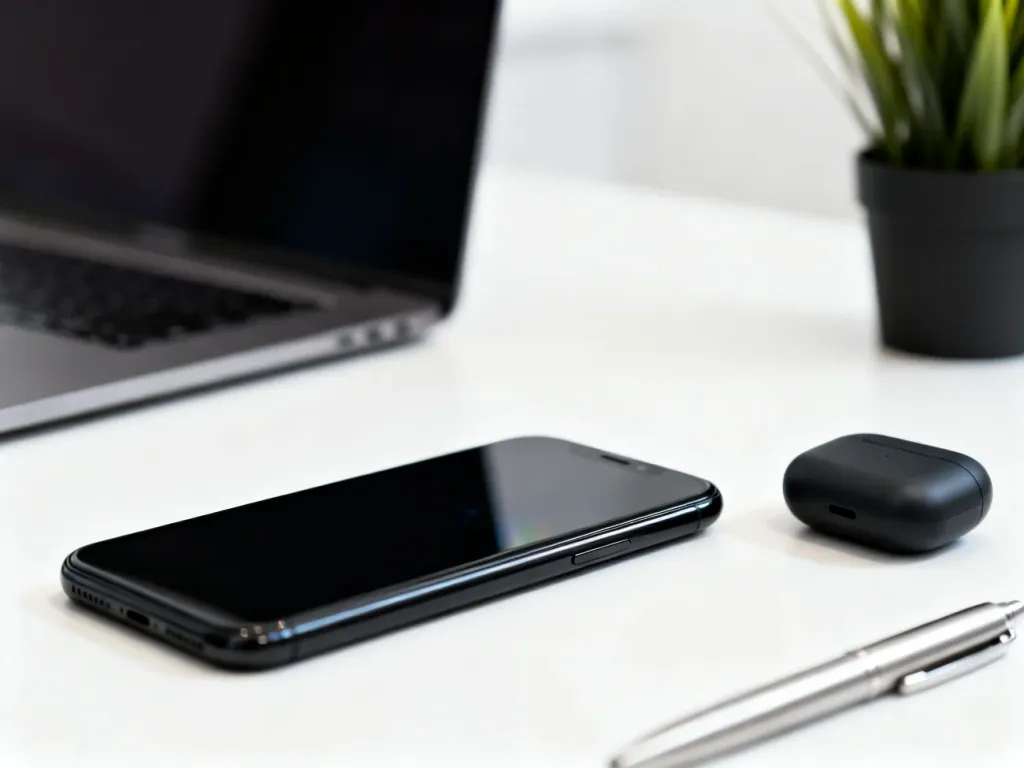 Czarny smartfon Samsung na białym biurku obok etui słuchawek i metalowego długopisu, w nowoczesnej aranżacji tech.