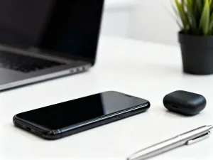 Smartfon Samsung S24 na biurku obok etui słuchawek i długopisu, w minimalistycznym, nowoczesnym home office.