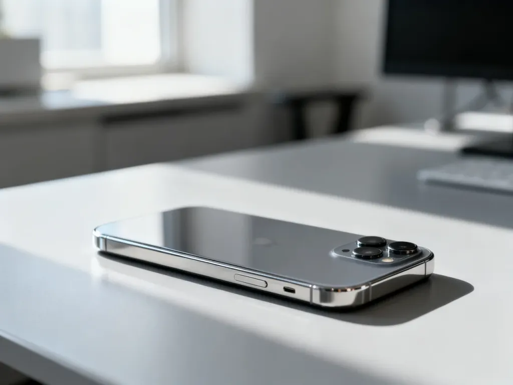 Nowoczesny smartfon Samsung S21 leżący na jasnym biurku w słonecznym biurze. Widoczny detal obudowy i modułu aparatu.