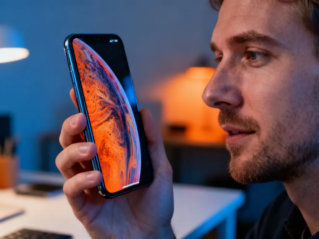 Mężczyzna trzyma w dłoni nowoczesny smartfon Redmi Note 14 z kolorową tapetą na ekranie w minimalistycznym biurze.
