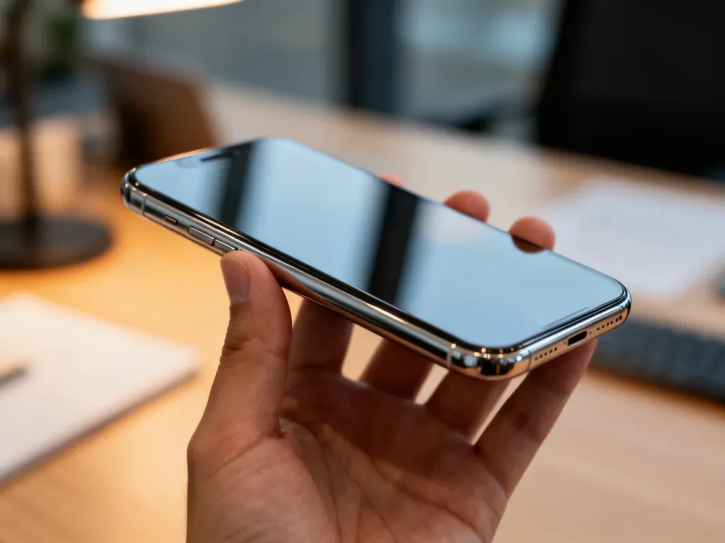 Nowoczesny smartfon z metalową ramką i szklanym tyłem trzymany w dłoni na tle biurka.