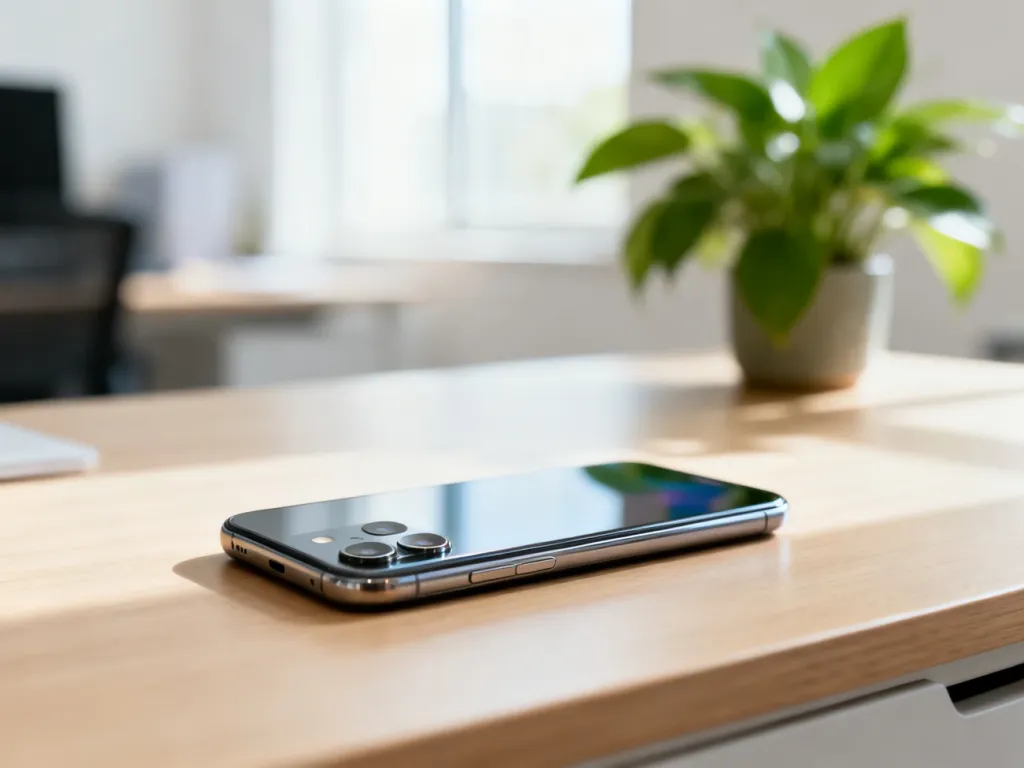 Smartfon Samsung M54 leżący na minimalistycznym drewnianym biurku w jasnym, domowym biurze.