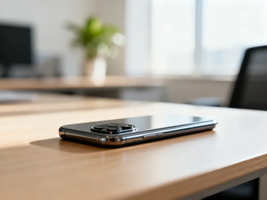 Xiaomi 13 Pro leżący na drewnianym biurku, z wyeksponowanym modułem aparatu w świetle poranka.