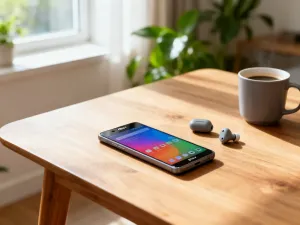 Mężczyzna trzymający w dłoni nowoczesny smartfon Redmi Note 13 na tle minimalistycznego biura.