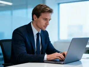Mężczyzna pracujący przy laptopie w nowoczesnym biurze, skupiony na obsłudze systemu w środowisku zawodowym.