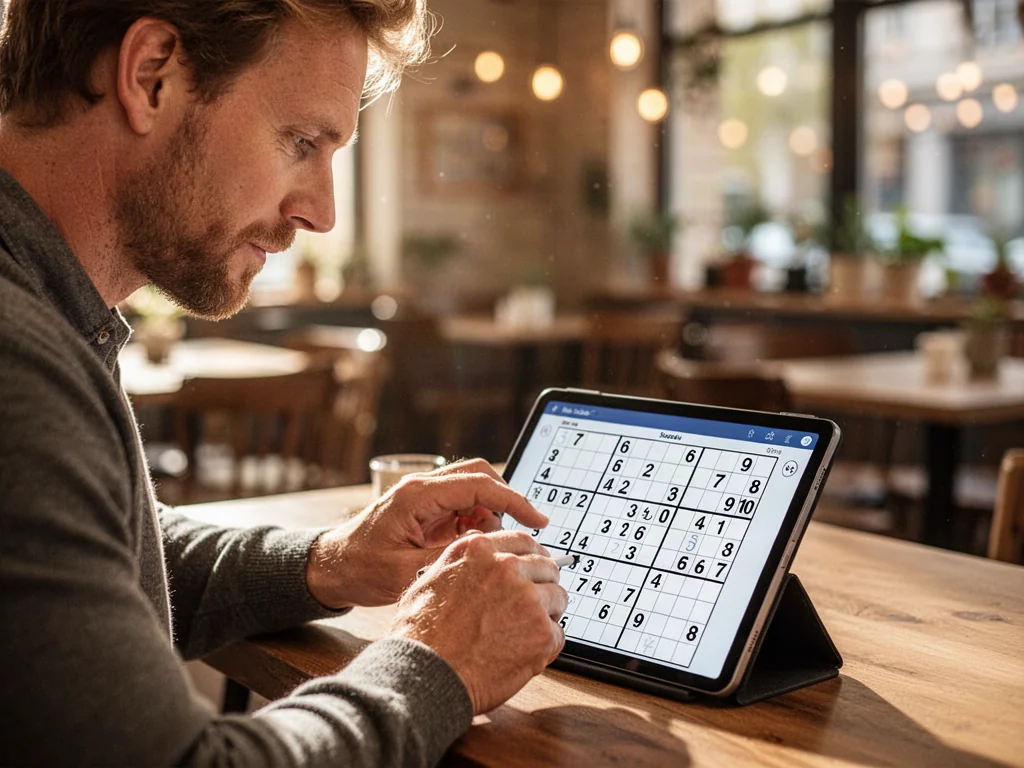 Mężczyzna rozwiązujący sudoku na tablecie w przytulnej kawiarni.
