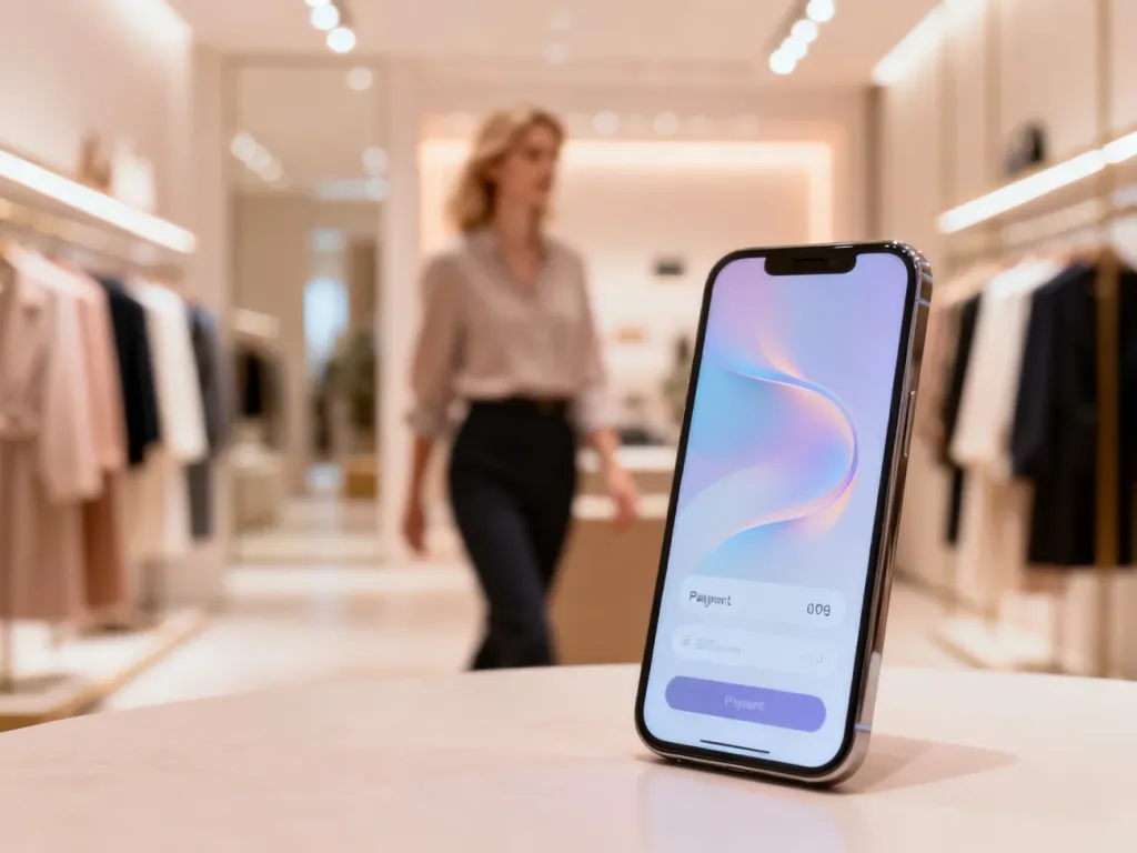 Smartfon z interfejsem płatności cyfrowych na tle nowoczesnego butiku, ilustrujący wygodę zakupów z Klarna.
