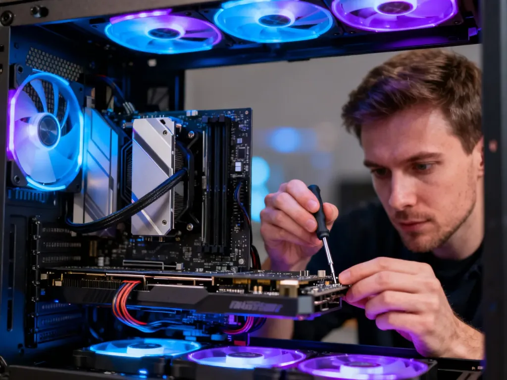 Osoba instalująca podzespoły na płycie głównej komputera z podświetleniem LED wewnątrz obudowy PC.