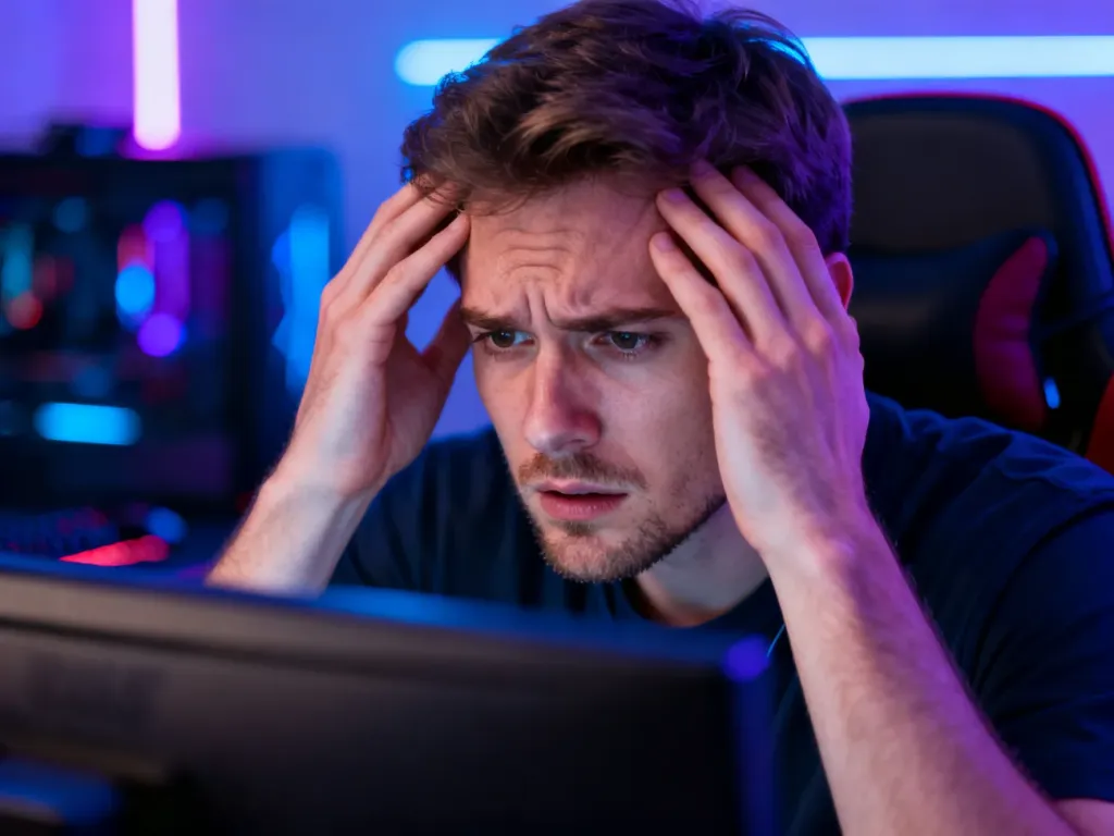 Zestresowany gracz przed komputerem, ilustrujący problem z błędem zapisu na dysku Steam.