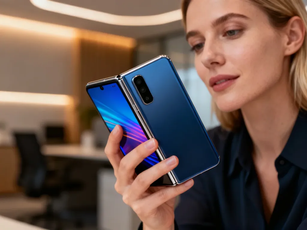 Elegancki, częściowo złożony smartfon Motorola Razr 50 Ultra trzymany w dłoni na tle nowoczesnego biura.
