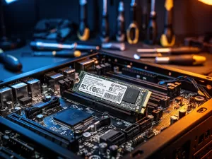 Kobieta pracująca przy laptopie w nowoczesnym biurze, ilustrująca proces ustawiania automatycznej odpowiedzi w Outlooku.