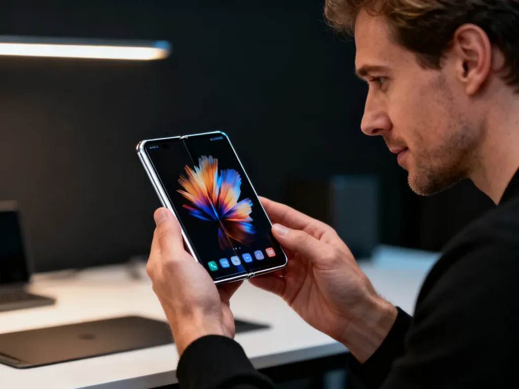 Mężczyzna trzymający w dłoniach rozłożony smartfon OnePlus Open z wyraźnym, wysokiej jakości wyświetlaczem.
