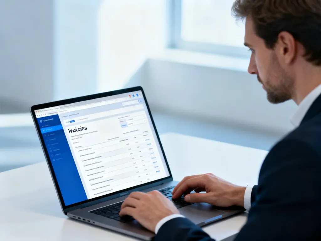 Mężczyzna pracujący przy laptopie w nowoczesnym biurze, obsługujący system do wystawiania faktur online.