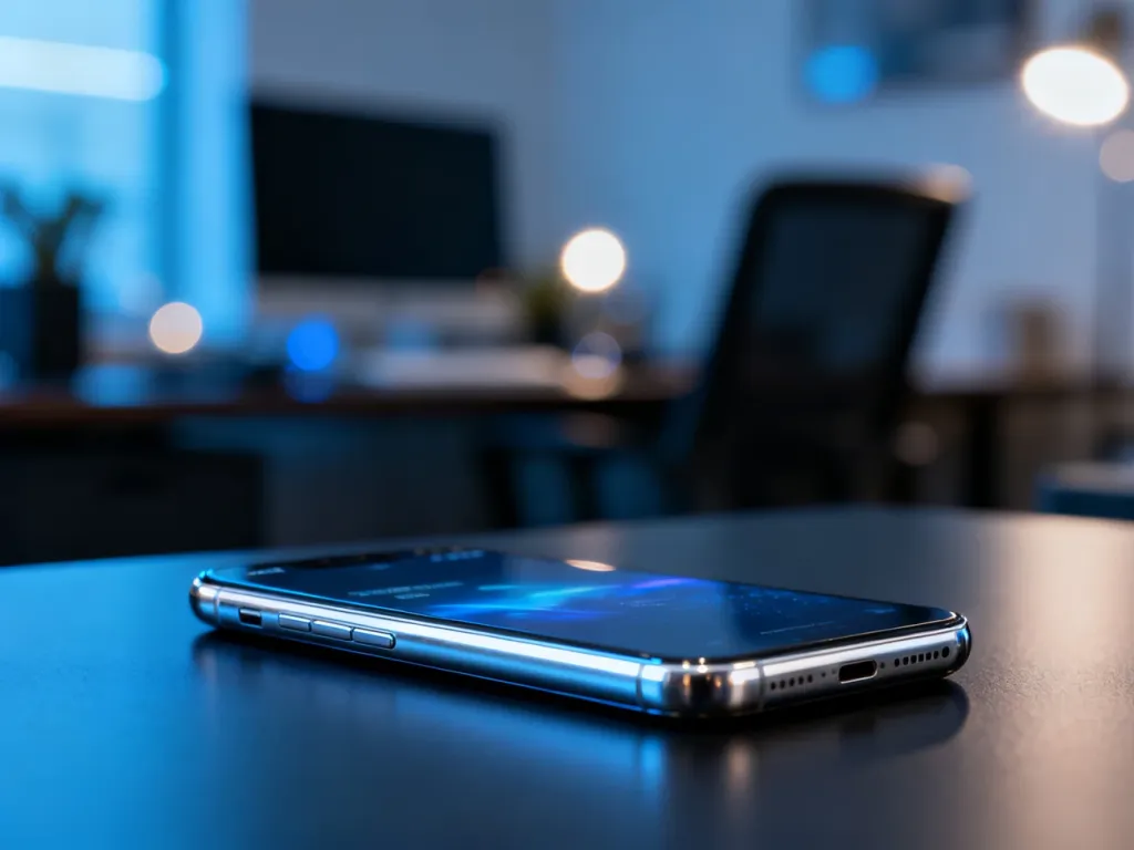 Nowoczesny smartfon Poco F6 leżący na minimalistycznym biurku w profesjonalnym otoczeniu domowego biura.