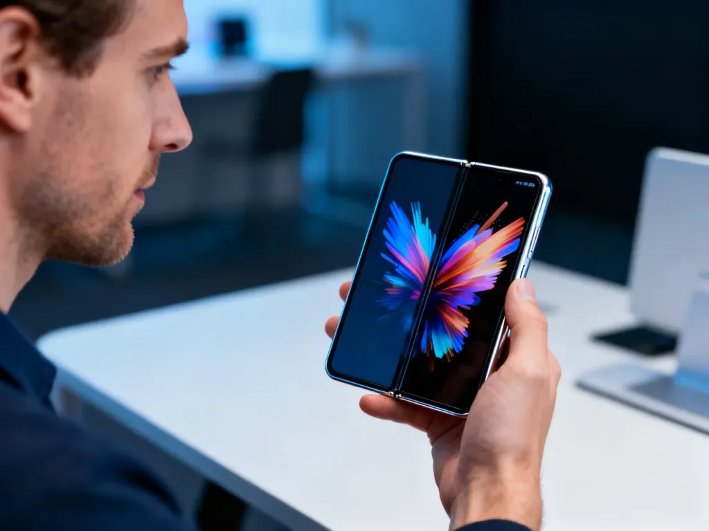 Mężczyzna trzyma częściowo rozłożony smartfon Google Pixel 9 Pro Fold z wyraźnym, kolorowym ekranem w nowoczesnym biurze.