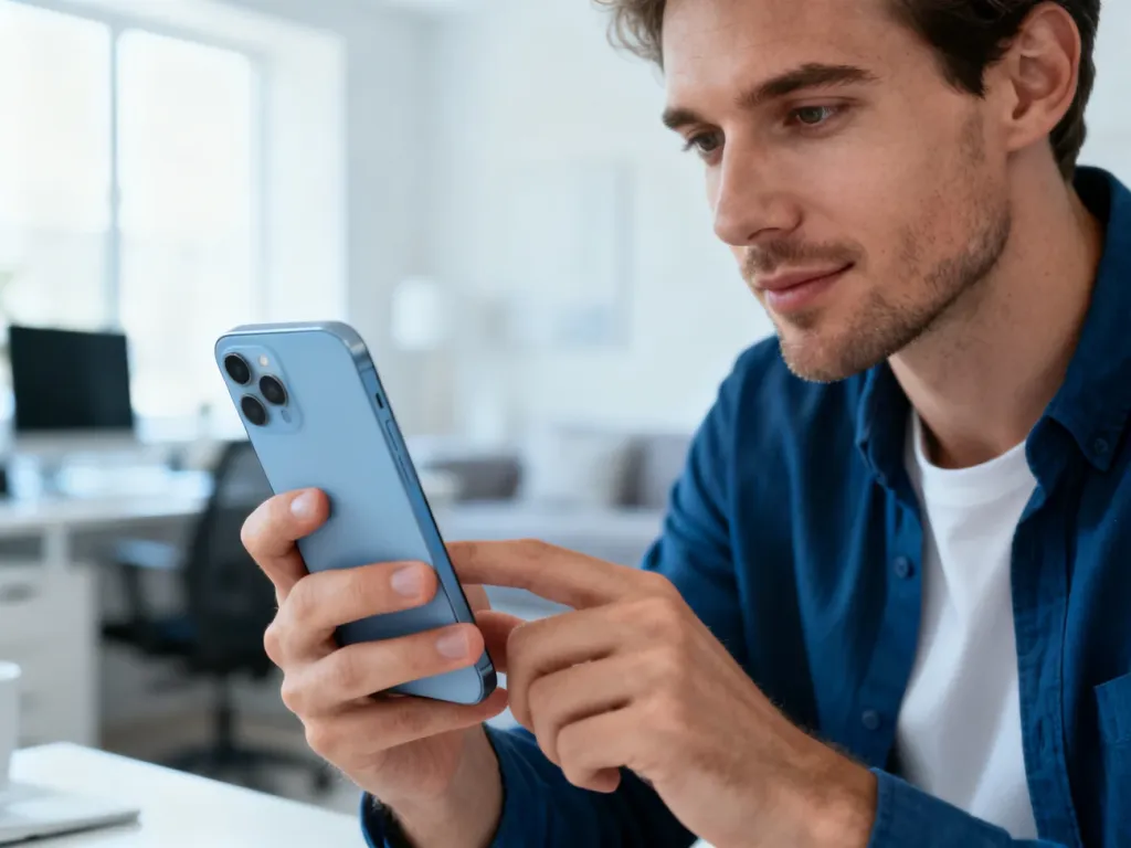 Mężczyzna trzymający w dłoniach nowoczesny smartfon Google Pixel 6a w jasnym, domowym biurze.