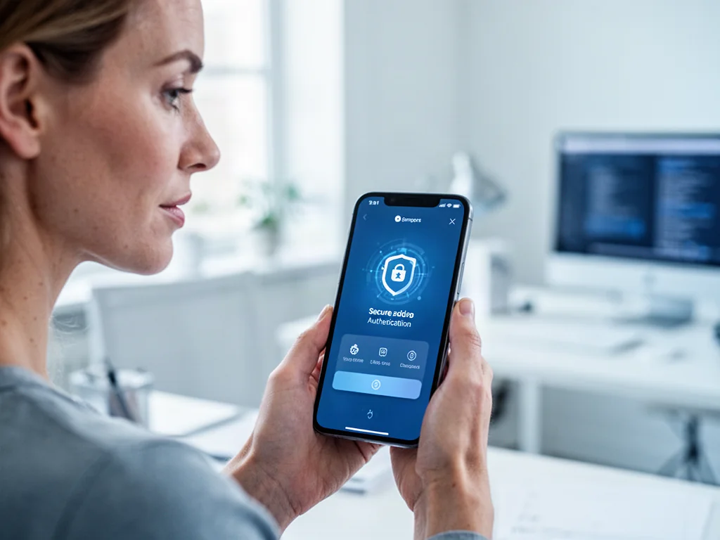 Kobieta trzymająca smartfon z otwartą aplikacją do uwierzytelniania w jasnym, nowoczesnym biurze.