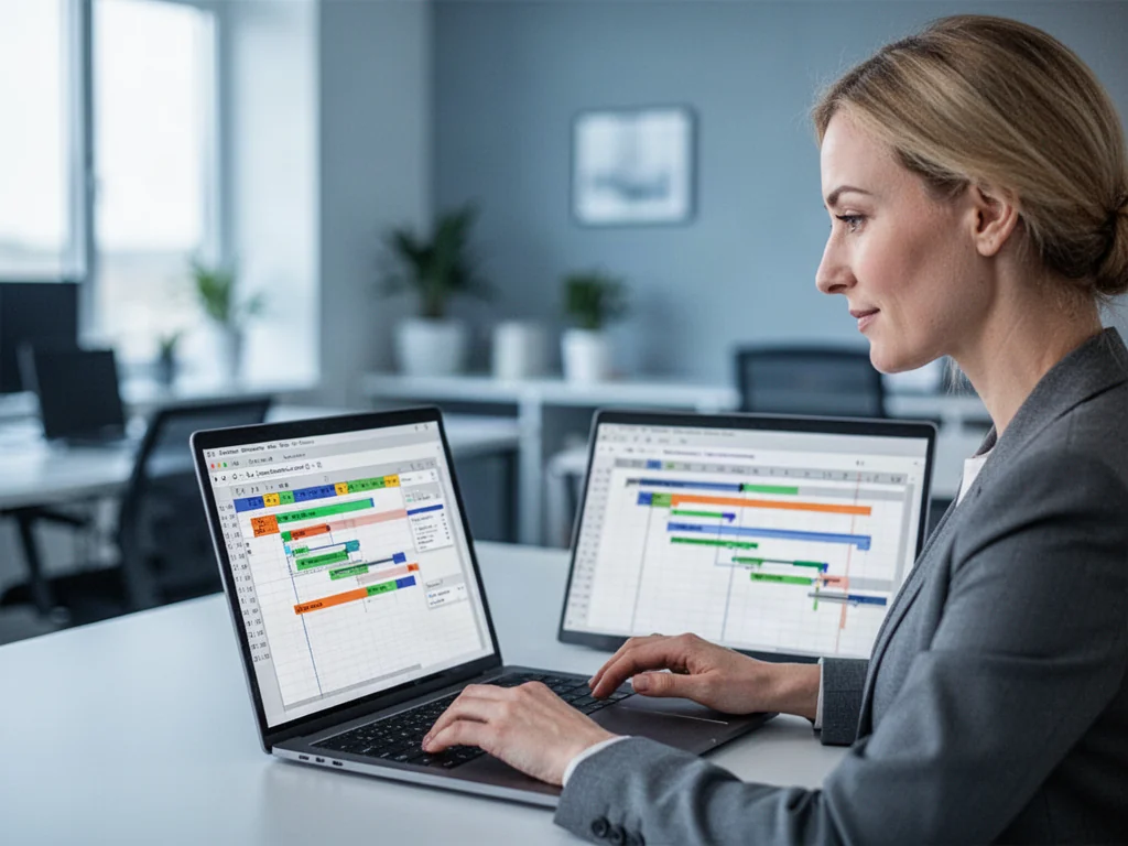 Kobieta pracująca przy laptopie z wyświetlonym wykresem Gantta w nowoczesnym, profesjonalnym biurze.