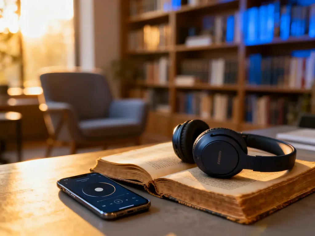 Słuchawki bezprzewodowe leżące na otwartej książce obok smartfona z aplikacją do słuchania audiobooków w przytulnym gabinecie.