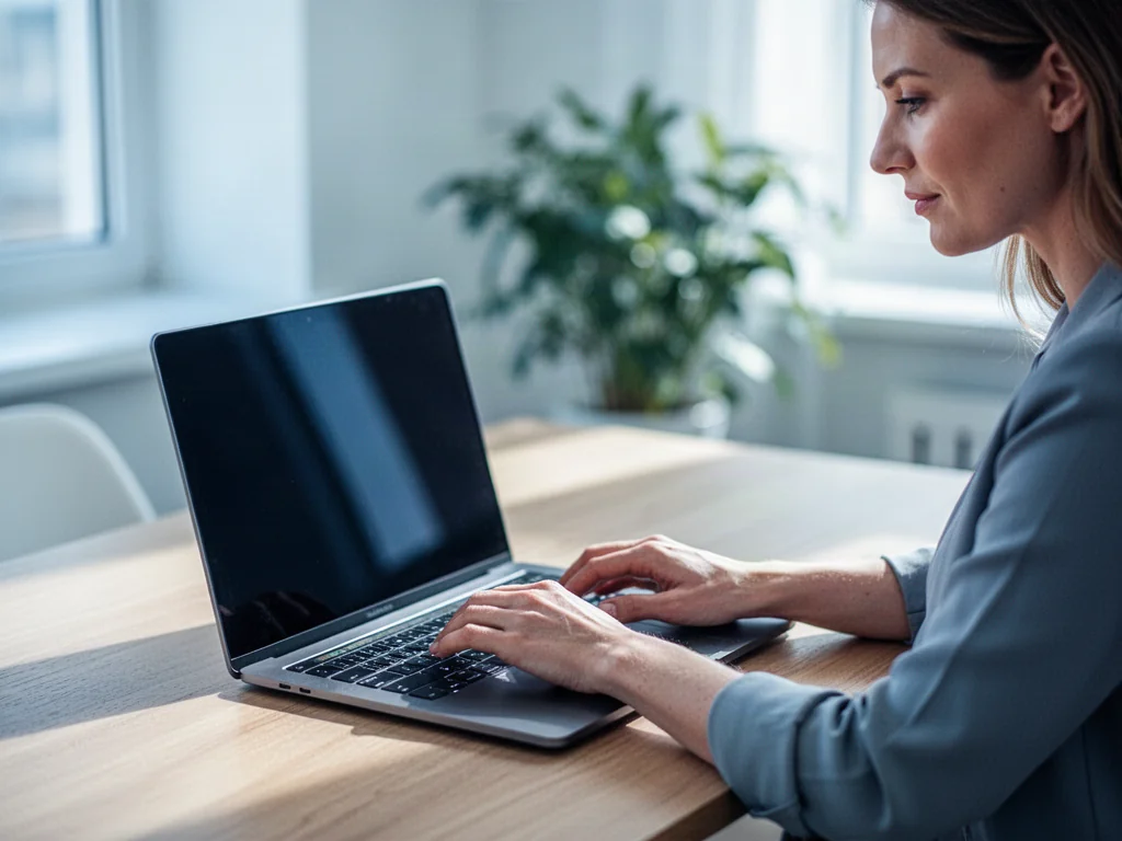 Kobieta pracująca przy laptopie na drewnianym biurku w jasnym, nowoczesnym domowym biurze.