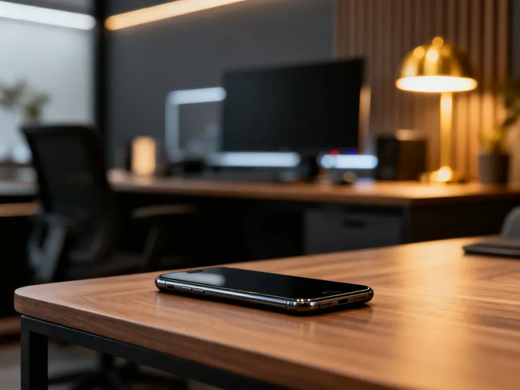 Elegancki smartfon Motorola edge 50 ultra leżący na minimalistycznym drewnianym biurku w nowoczesnym biurze.