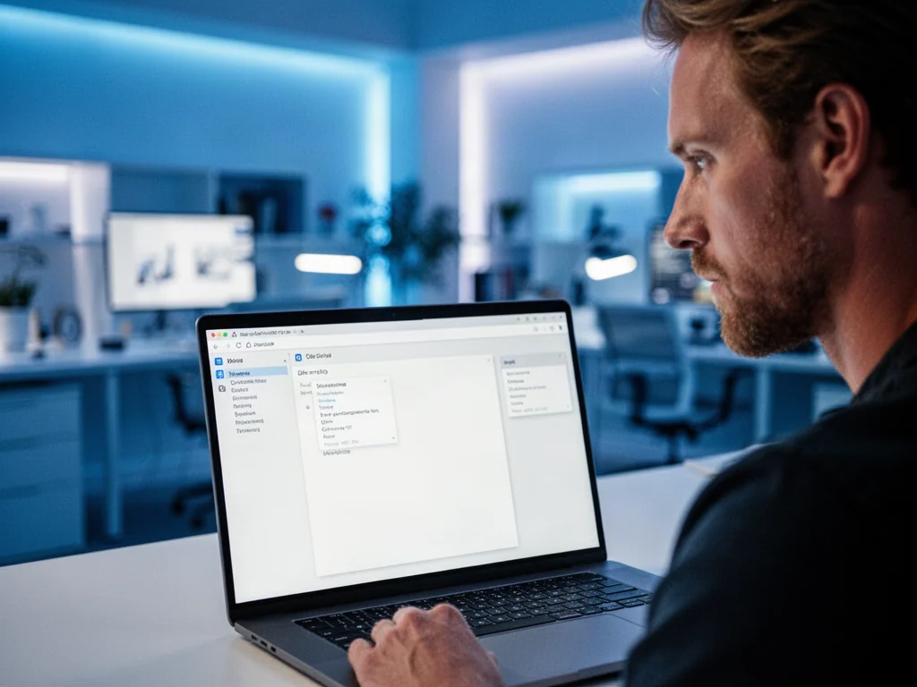 Mężczyzna przy laptopie z minimalistycznym interfejsem w nowoczesnym biurze, ilustrujący proces aktywacji systemu Windows 11.