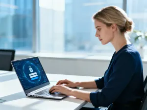 Mężczyzna pracujący przy laptopie z widocznym interfejsem logowania w nowoczesnym domowym biurze.