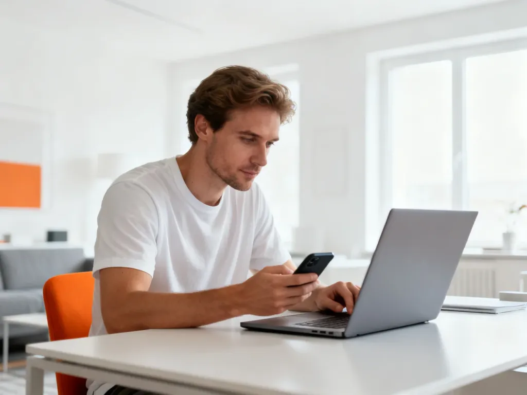 Mężczyzna przy biurku korzystający z laptopa i smartfona w nowoczesnym domowym biurze.