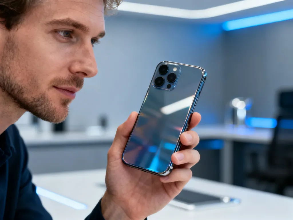 Mężczyzna trzyma w dłoni nowoczesny smartfon Poco F6 Pro z błyszczącą obudową na tle minimalistycznego biura.
