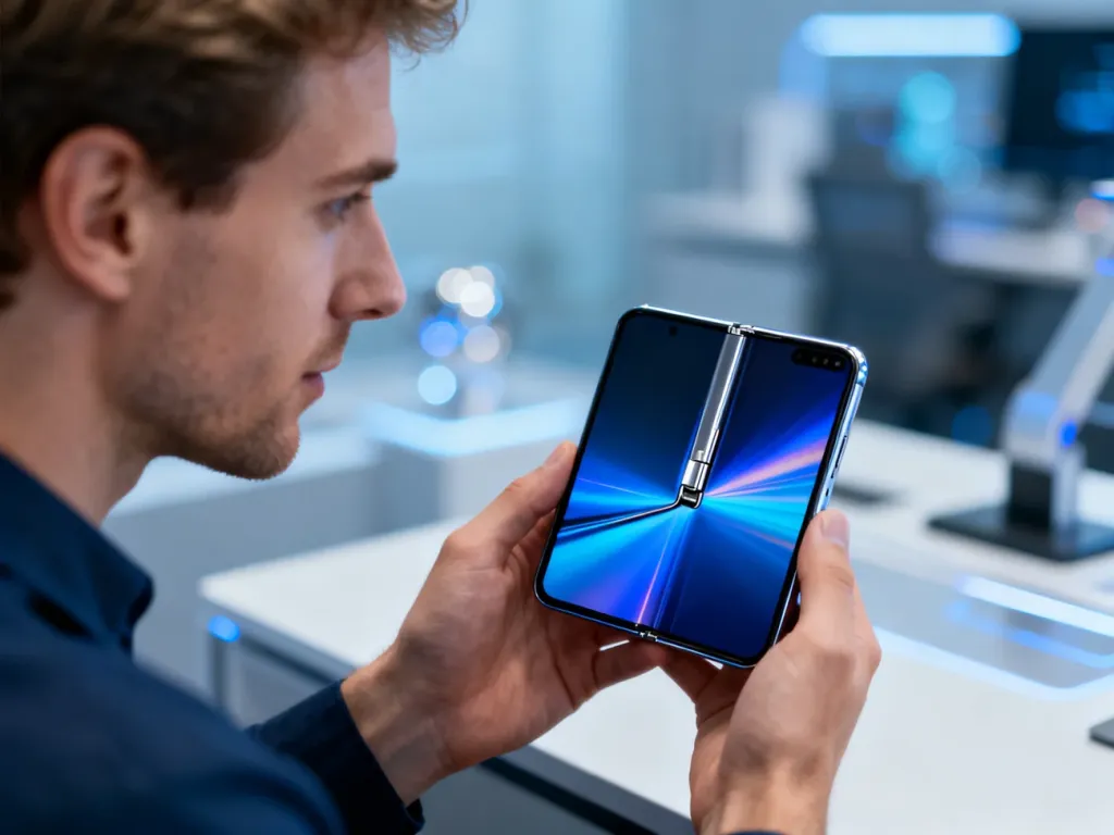 Mężczyzna trzymający rozłożony smartfon Google Pixel Fold z wyraźnym, elastycznym ekranem w nowoczesnym biurze.