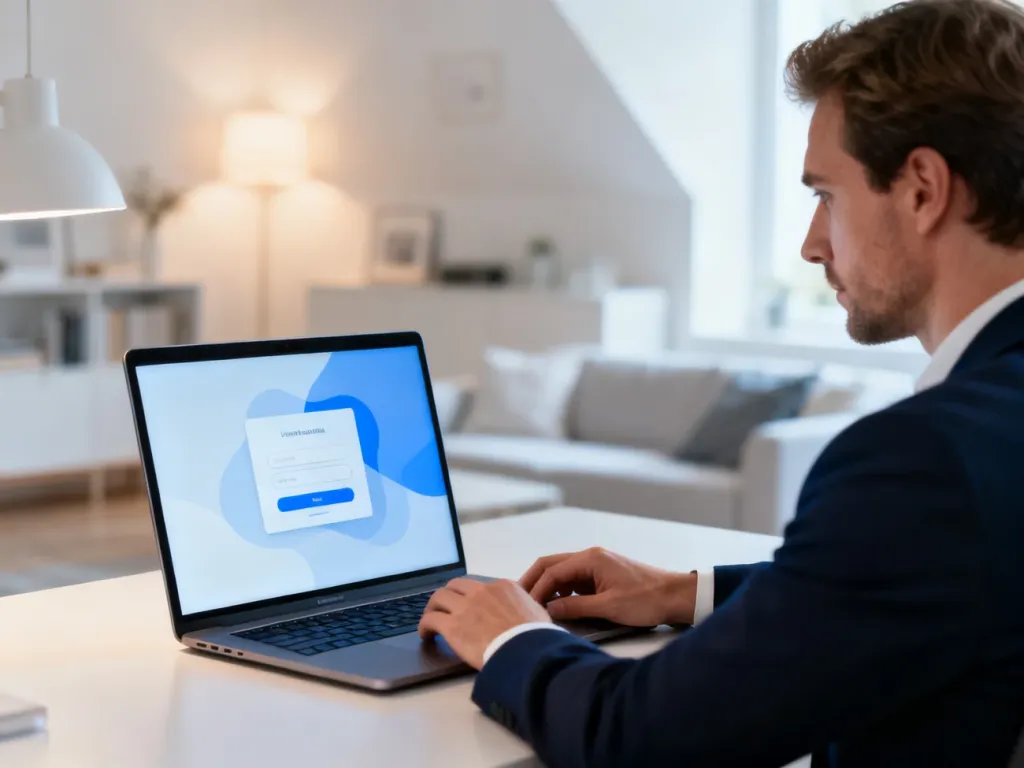 Mężczyzna pracujący przy laptopie z widocznym interfejsem logowania w nowoczesnym domowym biurze.