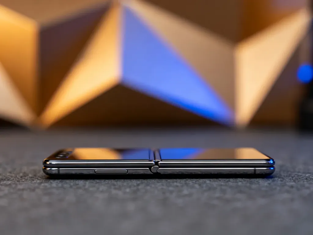 Nowoczesny składany smartfon Motorola razr 40 w półotwartej pozycji na minimalistycznym, ciemnym tle.