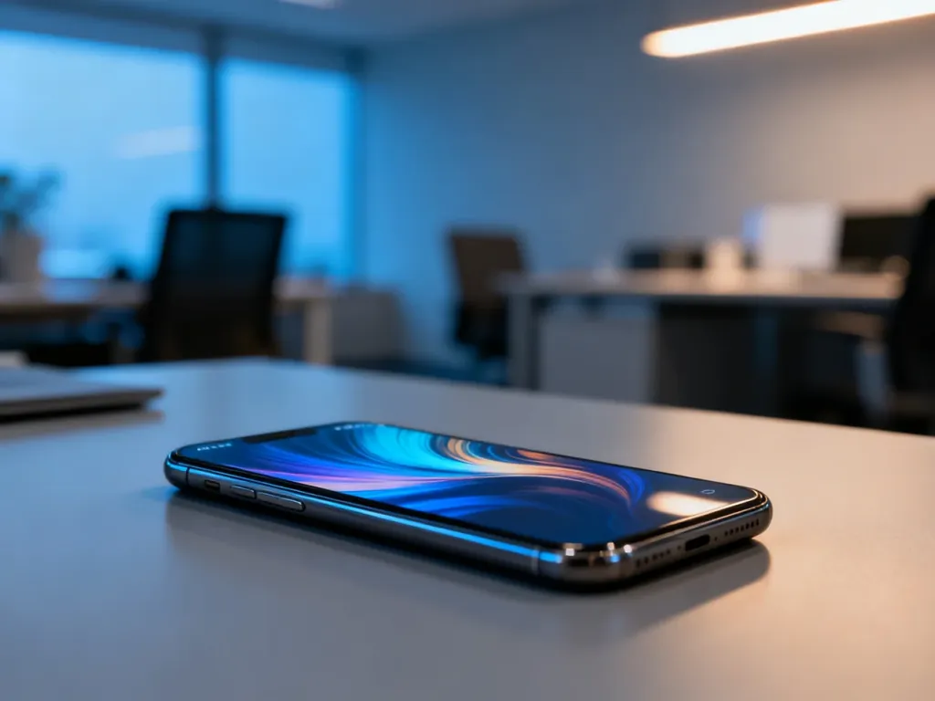 Smartfon Google Pixel 7a z kolorową tapetą na ekranie, spoczywający na minimalistycznym biurku w nowoczesnym biurze.