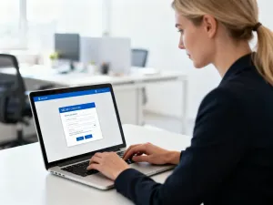 Mężczyzna pracujący przy laptopie w nowoczesnym biurze, obsługujący system do wystawiania faktur online.