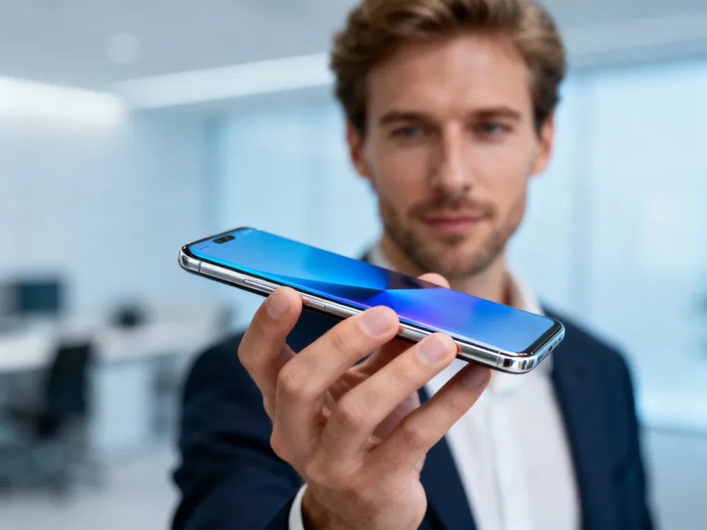 Mężczyzna trzymający w dłoni nowoczesny smartfon Motorola g34 z wyraźnym, bezramkowym ekranem w biurowym otoczeniu.