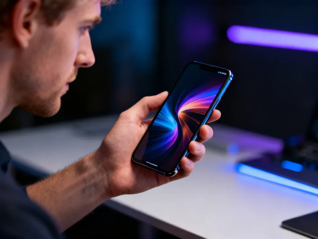 Mężczyzna trzyma w dłoni nowoczesny smartfon Poco F5 Pro z kolorową grafiką na ekranie w minimalistycznym, technologicznym tle.