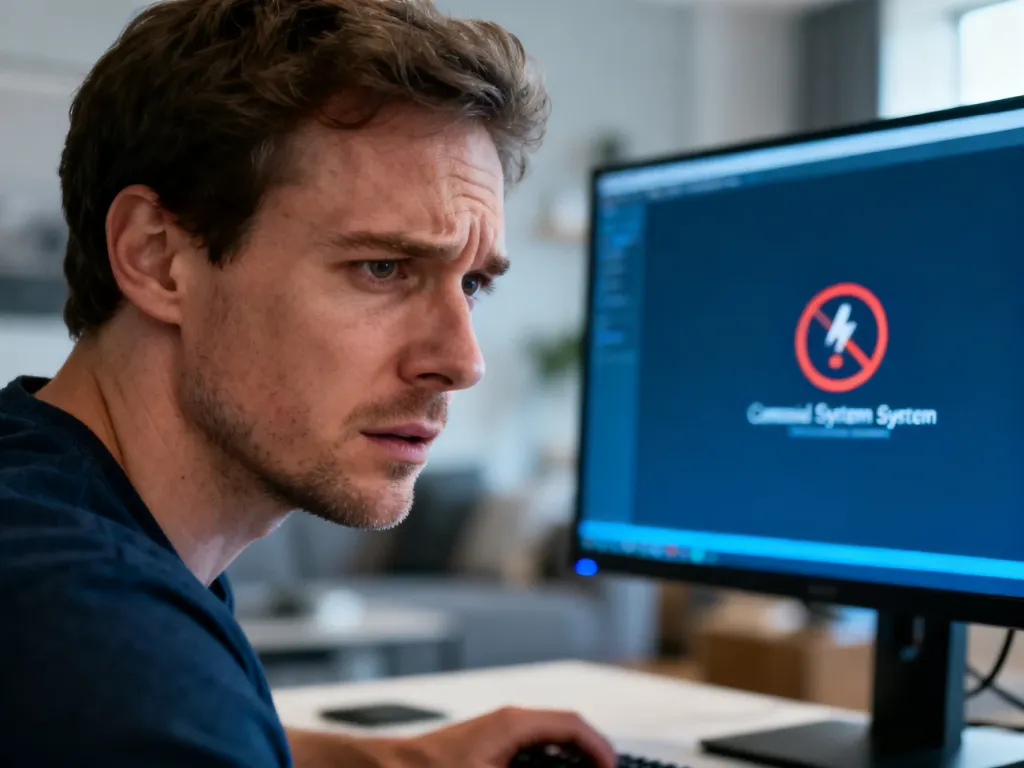 Mężczyzna z wyrazem frustracji przed monitorem komputera wyświetlającym ikonę błędu systemowego.