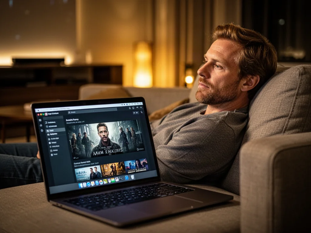 Mężczyzna relaksujący się na kanapie przed laptopem z włączonym odtwarzaczem filmów w przytulnym salonie.