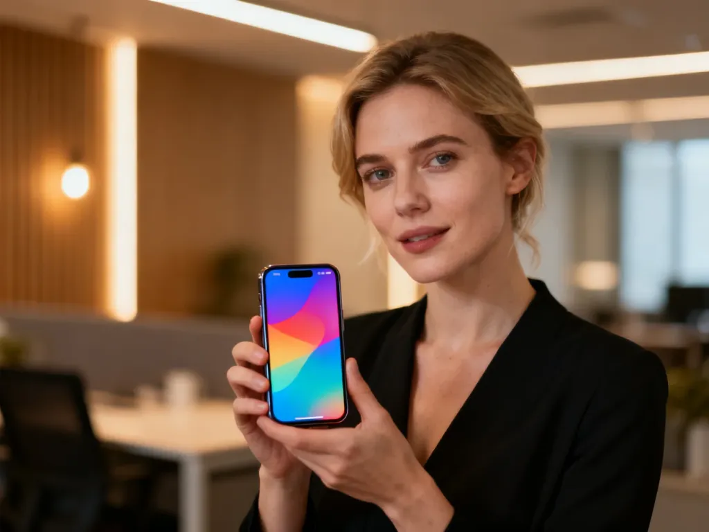 Kobieta trzymająca w dłoni smartfon Motorola edge 30 neo z kolorowym wyświetlaczem w nowoczesnym biurowym wnętrzu.