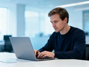 Profesjonalista pracujący przy laptopie w nowoczesnym biurze, skupiony na obsłudze cyfrowego interfejsu.