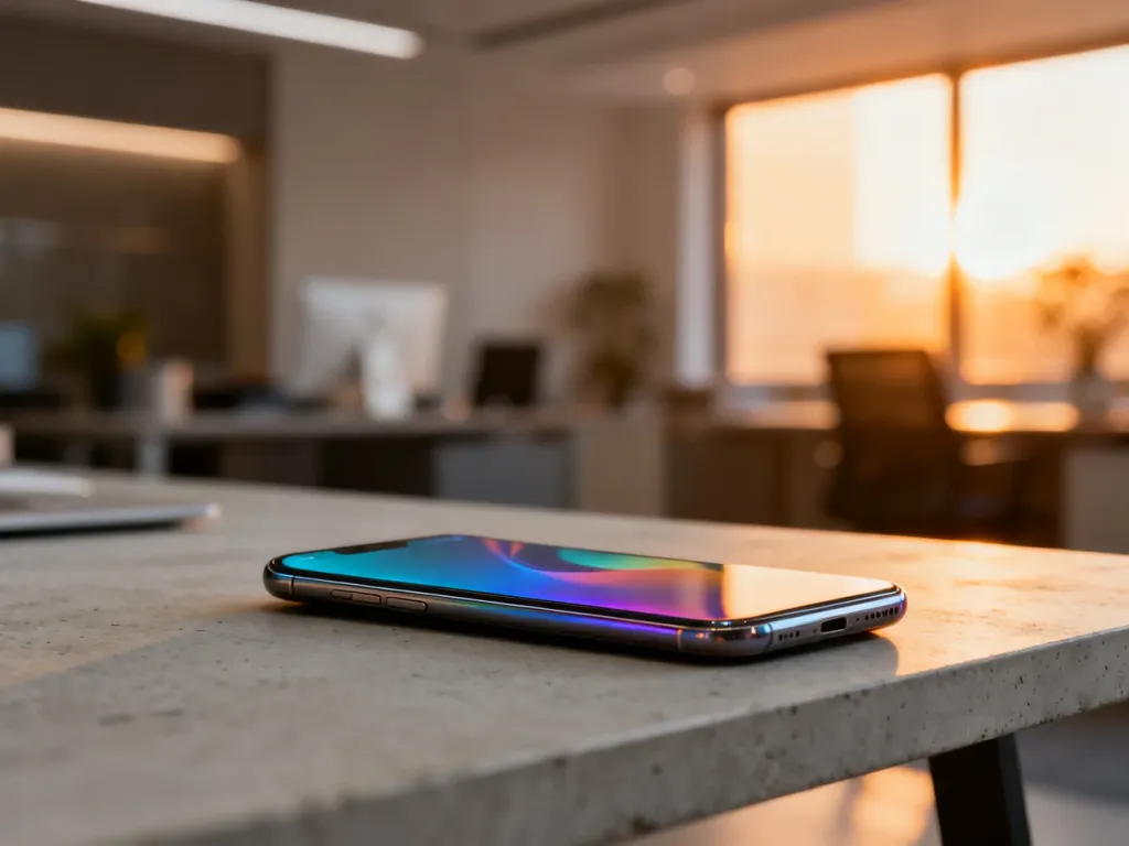 Nowoczesny smartfon Motorola edge 50 fusion z zakrzywionym ekranem na minimalistycznym biurku w świetle zachodzącego słońca.