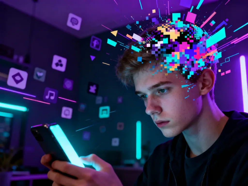 Młody mężczyzna wpatrzony w smartfon, którego głowa rozpada się na cyfrowe piksele, symbolizując zjawisko brainrot.