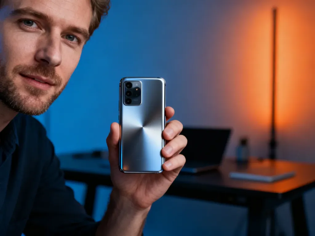 Smartfon OnePlus 10 Pro trzymany w dłoni, prezentujący elegancki design obudowy na tle minimalistycznego biurka.