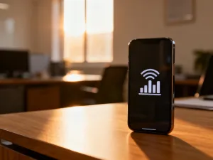 Nowoczesny smartfon z otwartym menu ustawień na drewnianym biurku, ilustrujący proces sprawdzania numeru telefonu.