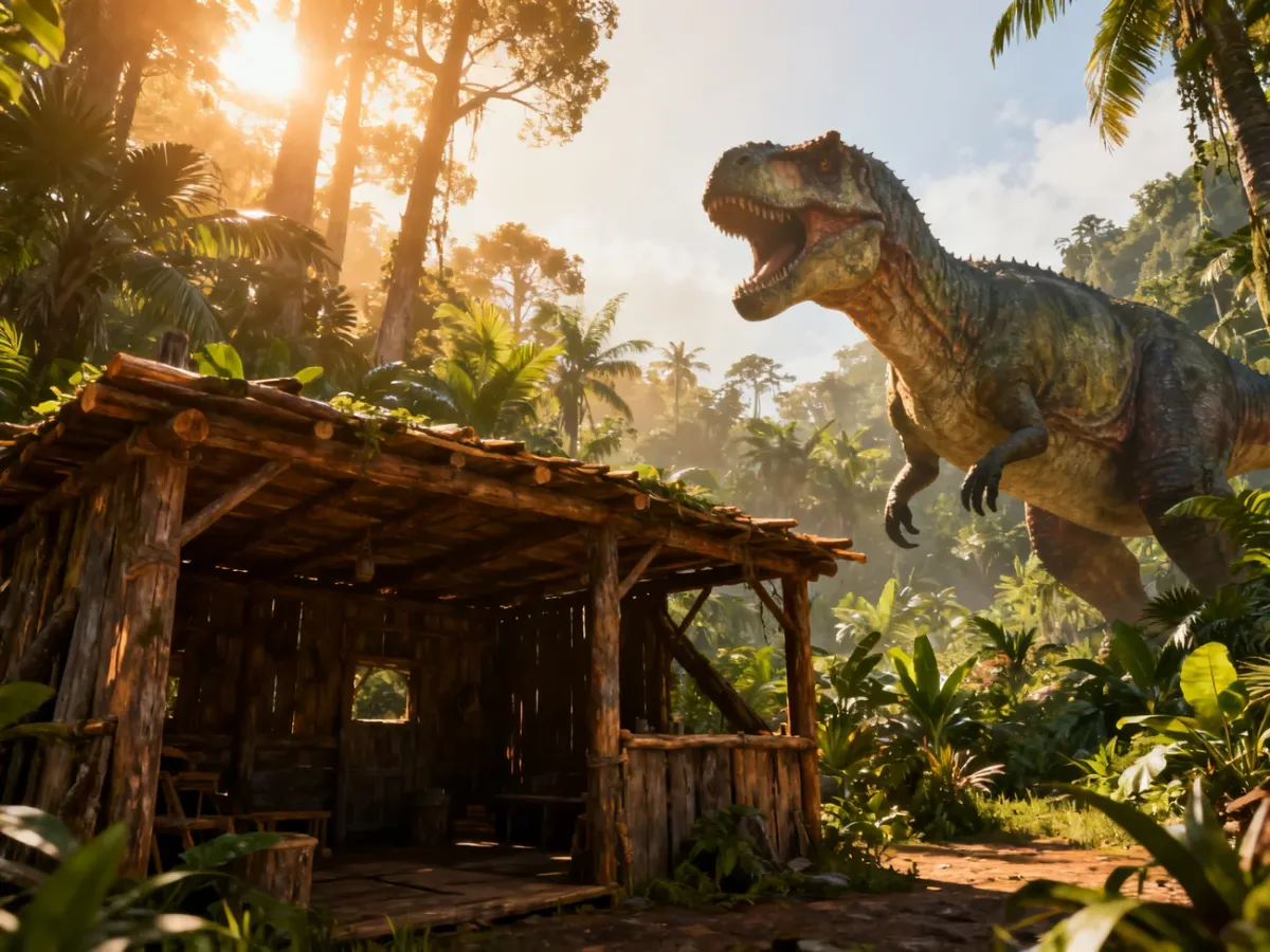Schronienie gracza i dinozaur w tropikalnym świecie survivalowym