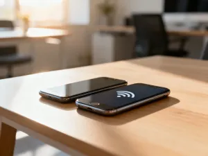 Nowoczesny smartfon leżący na drewnianym biurku z otwartym menu ustawień, symbolizujący proces sprawdzania numeru telefonu.