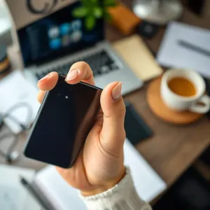 Dłoń trzymająca smartfon z aplikacją pilota do telewizora, skierowany w stronę włączonego odbiornika w przytulnym salonie.